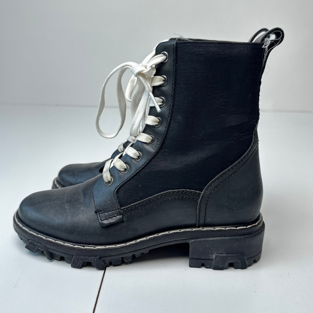 Rag & Bone Shiloh Black Leather Textile Combat Boots White Laces Lug‎ Sole - Picture 7 of 14